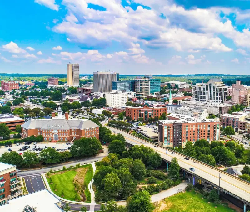 Aerial view of downtown Greenville, South Carolina, at midday